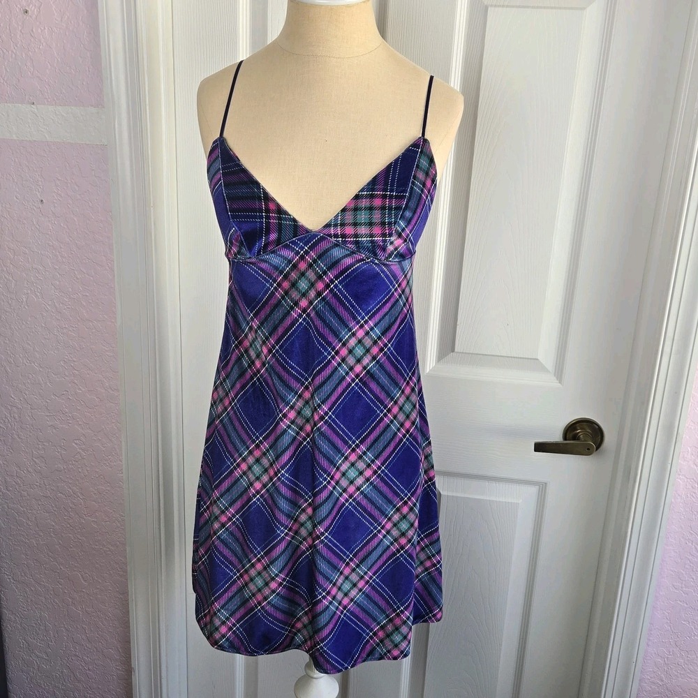 Victoria's Secret Velvet Nightgown Slip Dress Size S Purple Plaid Lingerie
